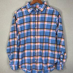 GAP Shirt Women's Medium Blue Pink Plaid Flannel Button Up Long Sleeve High-Low
